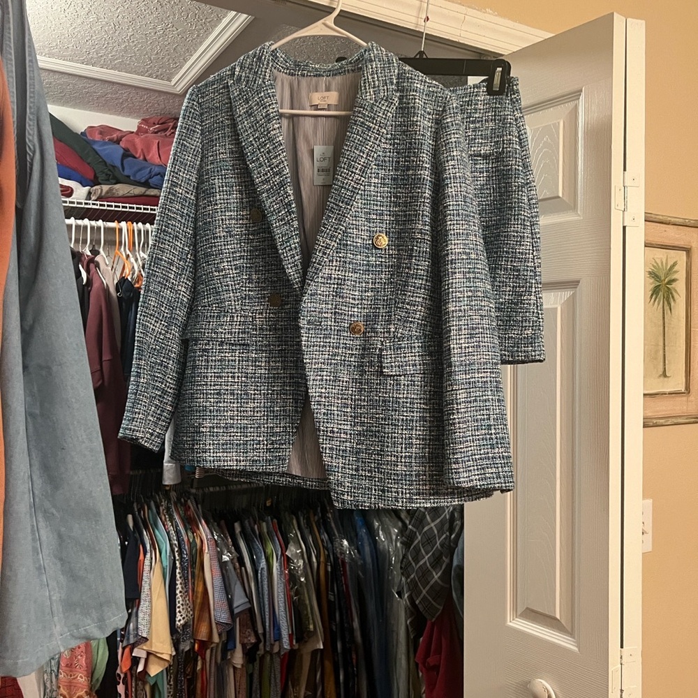 LOFT Green and White Tweed Blazer and Skirt Suit Set